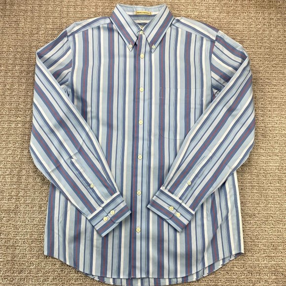 Eddie Bauer Shirt Men Small S Blue White Orange Striped Button Down Wrinkle Free - Picture 1 of 6